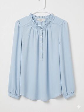 LOFT Pastel Blue Long Sleeve Top - Ruffle Collar & Button Front Medium